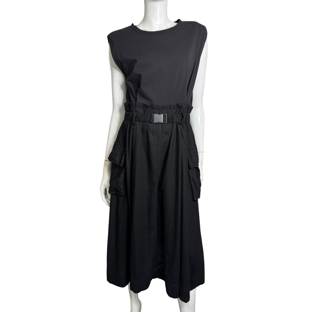 Forcynthia Black Mixed Media Cargo Midi Dress Sleeveless Belted Utility Medium